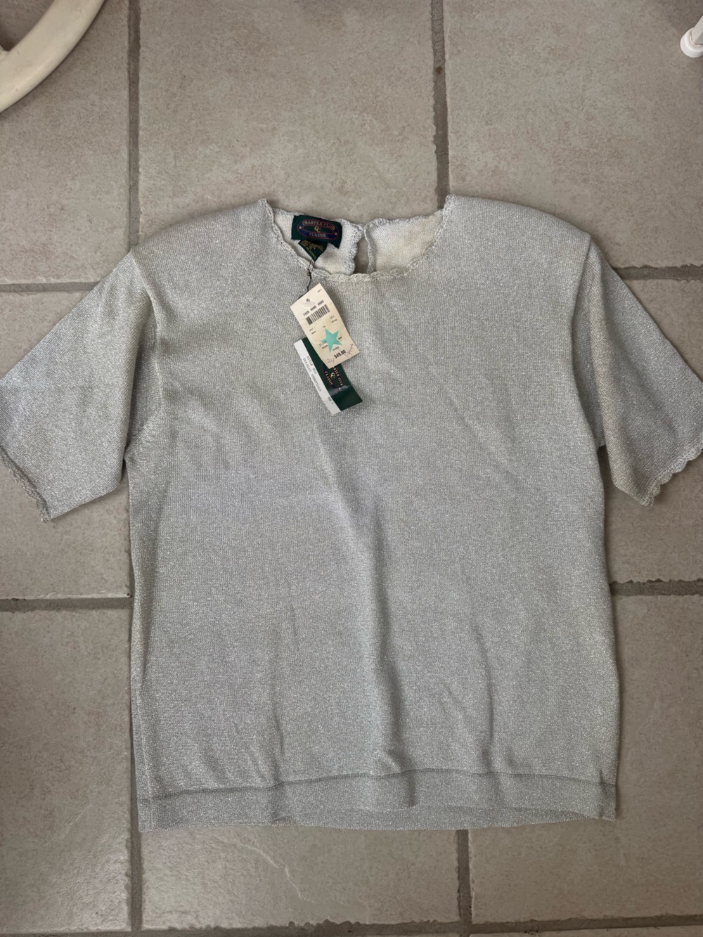 Charter Club Shimmery Silver Knit Top With Shoulder Pads and Short Sleeves